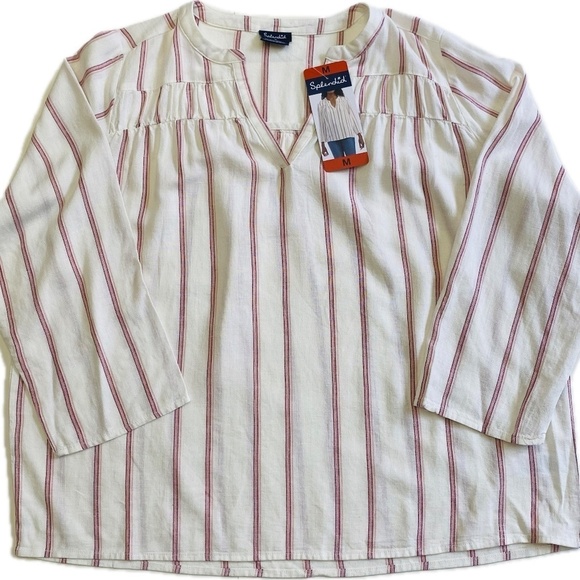 Splendid V-Neck Blouse, Ivory with Vertical Red/Pink Stripes, Medium NWT - Picture 4 of 10